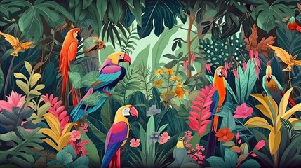 Colorful parrots in a jungle background. AI generative
