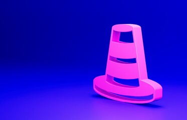 Pink Traffic cone icon isolated on blue background. Minimalism concept. 3D render illustration