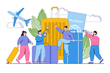 Vacation planning, business trip, hand luggage, travel, tour, suitcase and tourism concept with people character. Outline design minimal vector illustration for landing page, web banner, infographics - obrazy, fototapety, plakaty