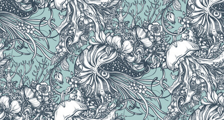 Beautiful vector seamless pattern with hand drawn graphic beautiful ornate sea animals and flowers © natality