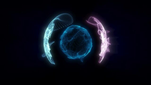abstract futuristic background, three-dimensional sphere of thousands of particles moving in a chaotic manner