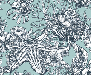 Beautiful vector seamless pattern with hand drawn graphic beautiful ornate sea animals and flowers