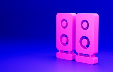 Pink Stereo speaker icon isolated on blue background. Sound system speakers. Music icon. Musical column speaker bass equipment. Minimalism concept. 3D render illustration
