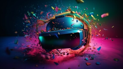 Immersive VR Experience: Colorful Explosions & Reflections in Festive Celebration with High-Tech Headset & Stunning Photography, Generative AI