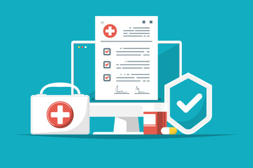 Check up health insurance online, Computer with paper document, medical bag, drug on isolated background, Digital marketing illustration.