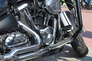 Motorcycle engine closeup. chrome engine parts. Shiny smooth details.