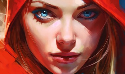 Young Attractive Amazing Woman in Red Face Portrait Digital Colorful Illustration Artwork