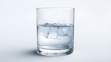 a glass of mineral water with ice cube half full isolated on white background studio shot.