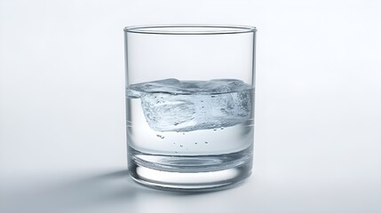a glass of mineral water with ice cube half full isolated on white background studio shot.