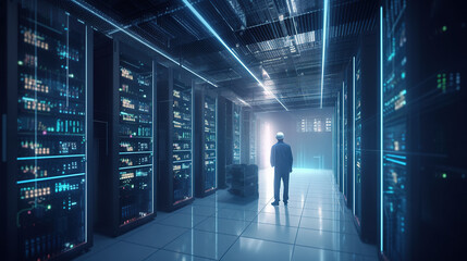 Engineer manager connecting data center on global networking in a server room of storage systems and connect of data on internet network business, ai generated.