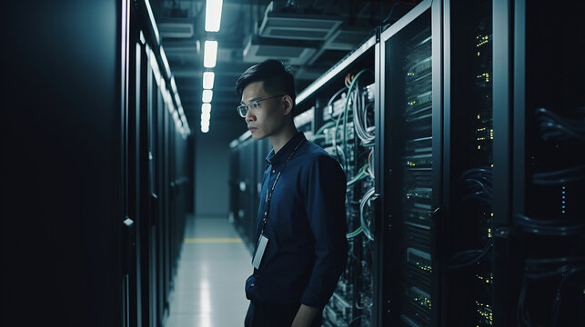 Illustration of a Avatar Engineer manager connecting data center on global networking in a server room of storage systems and connect of data on internet network business, ai generated.