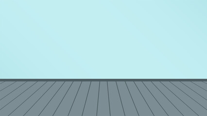 Background BG. Empty Room With Striped Parquet Floor And Blue Wall Wallpaper. Clean Pastel Home House Resident Interior. Textured Vector Cartoon Comic Illustration.