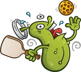 Obraz premium Crazy energetic pickleball cartoon mascot serving the ball with wild insanity