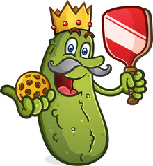 Royal pickleball king pickle holding a paddle and yellow ball and ruling the court