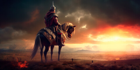 Ottoman sultan on horse, looking at the battlefield. Generative AI