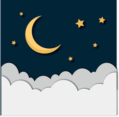 Fototapeta na wymiar Paper moonstars and clouds. Paper cut of night clouds and crescent moon with stars. Sweet dream concept. Vector stock