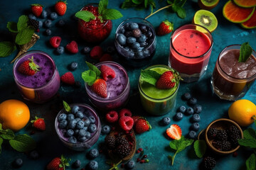 Freshly blended fruit smoothies of various colors and tastes in glass with raspberries, blueberries, strawberries, oranges, kiwi and mint, AI Generated