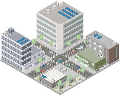 アイソメトリック図法で描いた日本の市街地にある信号交差点イメージC（全体） / Isometric illustration : Japanese commercial district