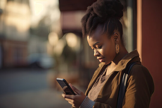Portrait of African American Black Woman using smartphone on the Street in the city around. Generated Ai