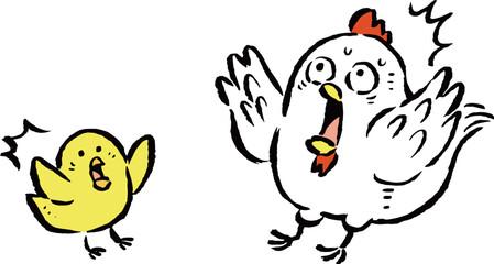 驚く鶏（ニワトリ）とヒヨコの手描きイラスト © ウサトコ