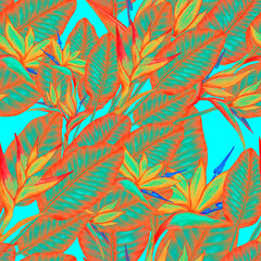 Fototapeta na wymiar Watercolor seamless pattern with tropical flowers. Beautiful allover print with hand drawn exotic plants. Swimwear botanical design. 