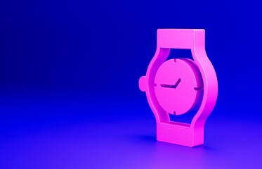 Pink Wrist watch icon isolated on blue background. Wristwatch icon. Minimalism concept. 3D render illustration