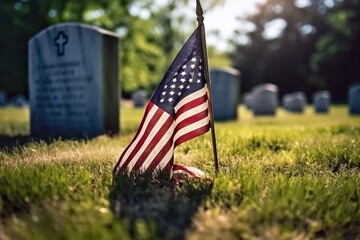 American flag standing at the gravestone of a killed soldier at the war cemetery. Generative ai
