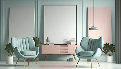 Modern living room in pastel colors with art mockup. AI generative