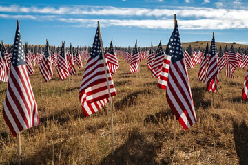 Green Field of veterans day american flags waving in the breeze. Generative ai