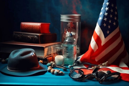 American memorial day background with elements of flag and symbolic objects. Generative ai