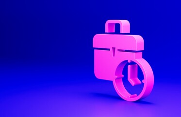 Pink Work time icon isolated on blue background. Office worker. Working hours. Business briefcase. Minimalism concept. 3D render illustration