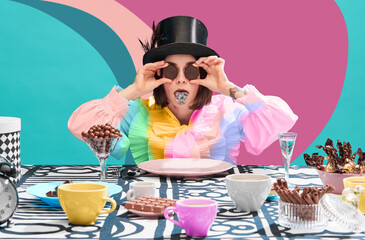 Funny image of woman, sweets lover holding chocolate cookies on eyes, sticking tongue with sparkles...