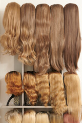 Showcase of natural looking wigs in different colors fixed on the metal wig holders in beauty salon. Row of mannequin heads with variation shades hair on shelf in wig shop.