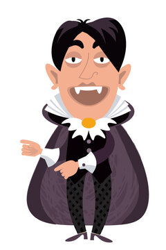 Vlad Dracula, cute vampire in costume and cape. Cartoon illustration for design. Isolated picture on white background.
