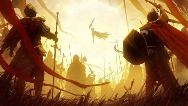 A jubilant army of knights in plate armor with swords and shields responds to the cry of their holy leader, she is a woman with a huge sword and a long cloak hovering. clean looped 2d animated art