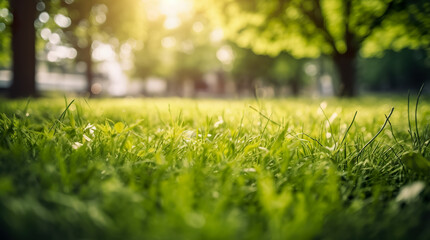 Bright spring grass field with sunlight bokeh background. Generative AI