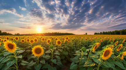 Agricultural field with yellow sunflowers against the sky with clouds. Generative AI