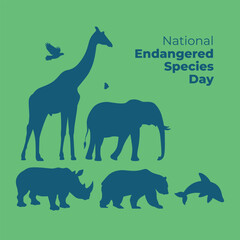 national endangered species day design template for celebration. endangered species giraffe elephant eagle butterfly bear whale dolphin vector design. animal silhoutte. 
