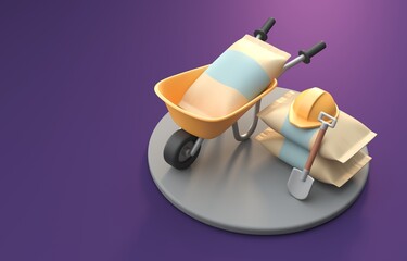 Wheelbarrow with Bag of Cement. 3D Illustration