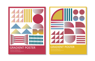 Bauhaus gradient poster. Geometric abstract shapes circle triangle stripes lines and elements in blue yellow pink swiss design brutalism banner.