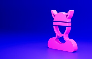 Pink Viking head icon isolated on blue background. Minimalism concept. 3D render illustration