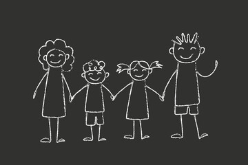 Family - little girl and boy holding hands with mother and father. doodles are drawn by a child's hand with chalk on asphalt or on a school board.