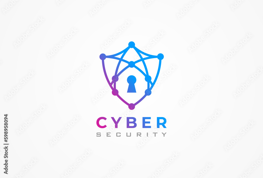 Wall mural cyber security logo, abstract shield formed from network line with keyhole inside, usable for techno