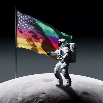 Astronaut with rainbow flag in space, Generative AI