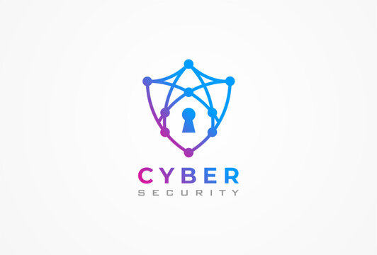 Cyber Security Logo,  abstract shield formed from network line with keyhole inside, usable for technology and security company logos, vector illustration