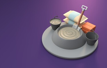 Bucket with Cement and Cement Bags. 3D Illustration