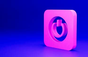 Pink Power button icon isolated on blue background. Start sign. Minimalism concept. 3D render illustration