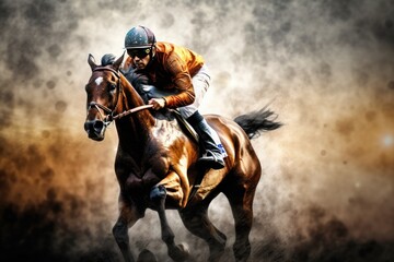 Fototapeta premium Horse jockey riding a race with a black horse in the dust, Generative Ai