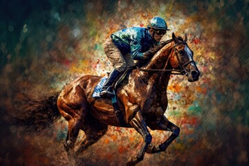 Fototapeta premium Horse jockey riding on gallop on colourful background. Watercolour paint style, Generative Ai