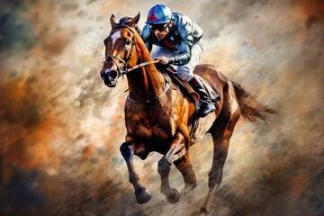 A horse jockey riding on gallop on retro background. Illustration style, Generative Ai
